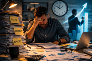 Homem estressado trabalhando à noite em um escritório bagunçado, cercado por papéis com notas adesivas que dizem "Pagar", "Receber" e "Impostos". Ao fundo, há um relógio de parede e um gráfico financeiro em crescimento.