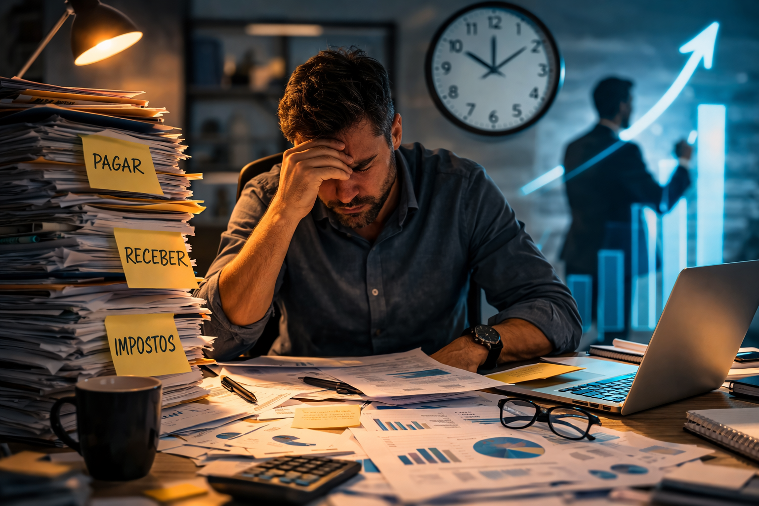 Homem estressado trabalhando à noite em um escritório bagunçado, cercado por papéis com notas adesivas que dizem "Pagar", "Receber" e "Impostos". Ao fundo, há um relógio de parede e um gráfico financeiro em crescimento.