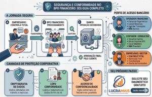 Infográfico sobre segurança e conformidade no BPO Financeiro. O gráfico ilustra a jornada segura dividida entre o controle total do empresário e a operação secundária do banco, detalhando os perfis de acesso. Na base, apresenta as camadas de proteção corporativa: criptografia de dados, conformidade com a LGPD e acordo de confidencialidade. No canto inferior direito, traz a marca Lucramais Consultoria Empresarial e uma chamada para diagnóstico gratuito.