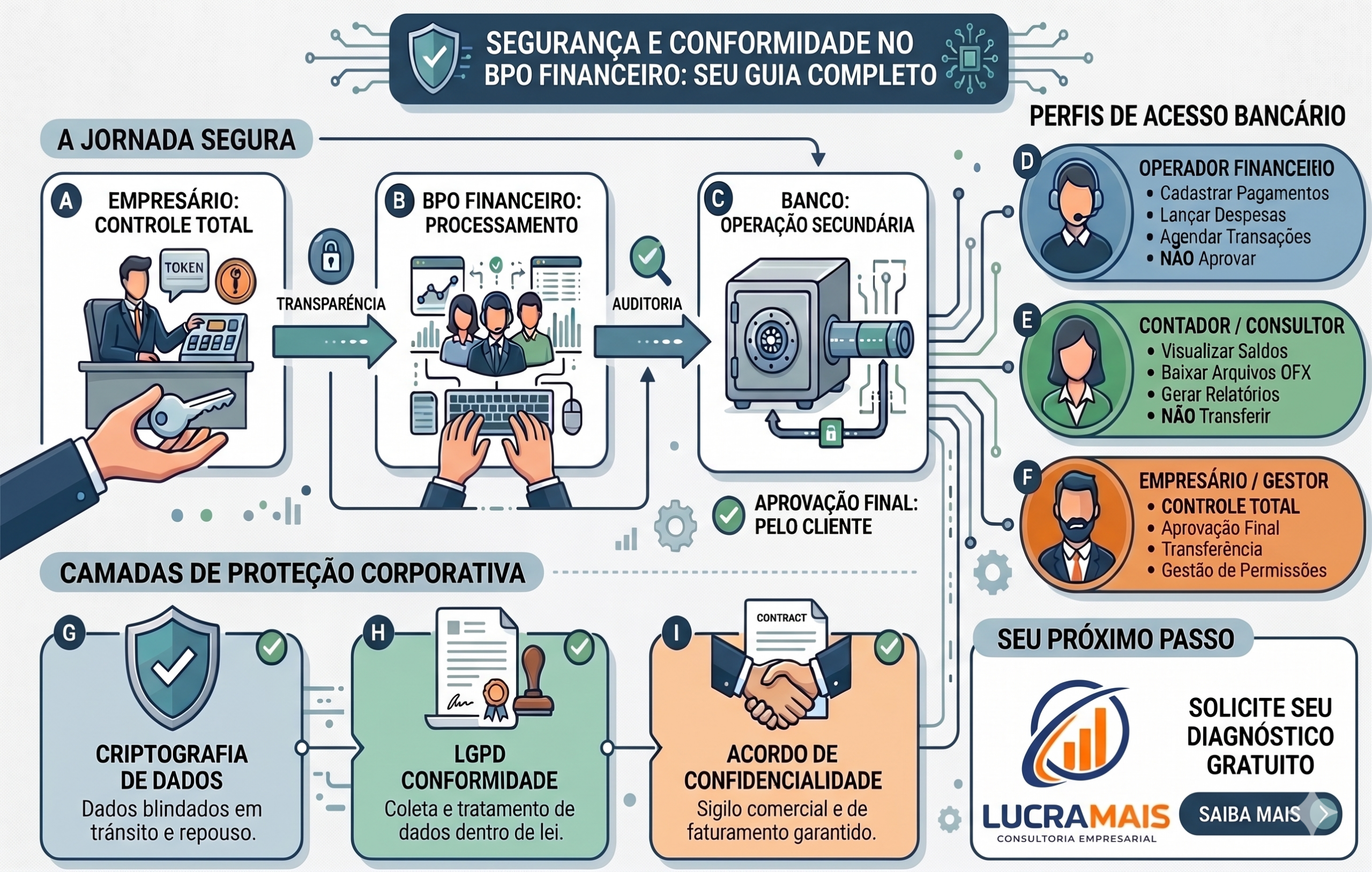 Infográfico sobre segurança e conformidade no BPO Financeiro. O gráfico ilustra a jornada segura dividida entre o controle total do empresário e a operação secundária do banco, detalhando os perfis de acesso. Na base, apresenta as camadas de proteção corporativa: criptografia de dados, conformidade com a LGPD e acordo de confidencialidade. No canto inferior direito, traz a marca Lucramais Consultoria Empresarial e uma chamada para diagnóstico gratuito.
