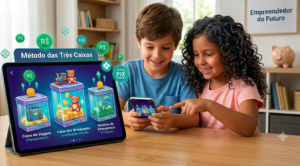 Duas crianças, um menino branco de cabelo liso castanho e uma menina de pele morena e cabelos pretos cacheados, sorriem sentados à mesa enquanto olham para um celular e um tablet. Na tela do tablet, destaca-se o "Método das Três Caixas" com ilustrações digitais de três cofres transparentes e ao fundo está a placa de Empreendedor do Futuro.